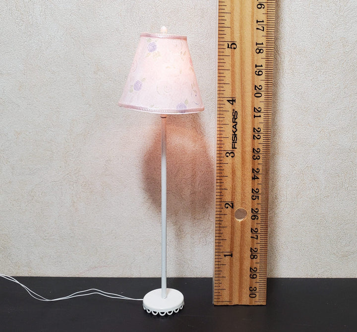 Dollhouse Nursery Floor Lamp Pink Shade White Base 12 Volt Wired 1:12 - MiniatureCrush