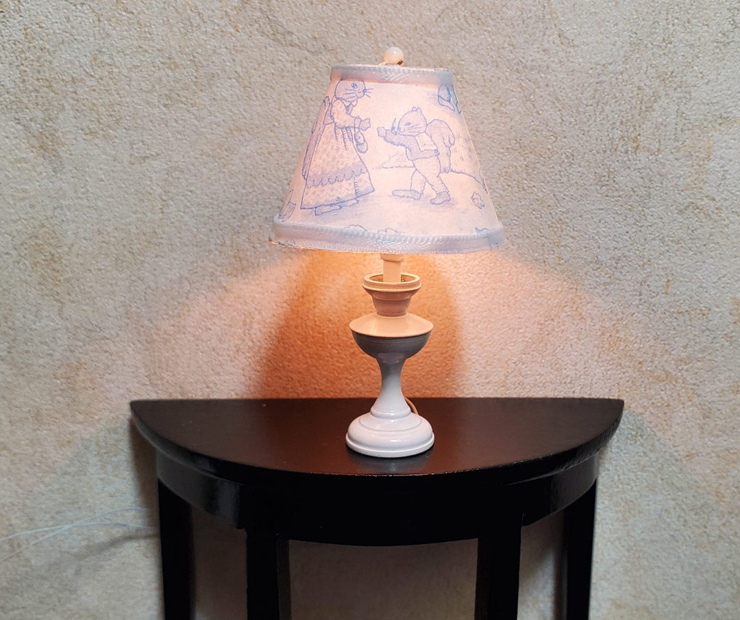 Dollhouse Nursery Table Lamp Blue Shade White Brass Base 12 Volt Wired 1:12 - MiniatureCrush