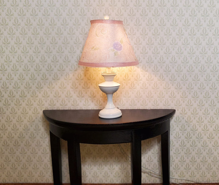 Dollhouse Nursery Table Lamp Pink Shade White Brass Base 12 Volt Wired 1:12 - MiniatureCrush