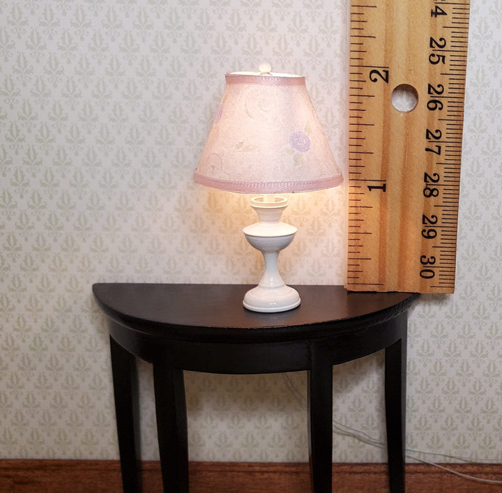 Dollhouse Nursery Table Lamp Pink Shade White Brass Base 12 Volt Wired 1:12 - MiniatureCrush