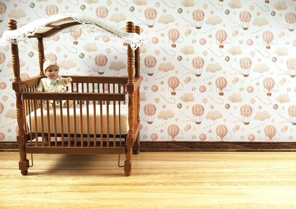 Dollhouse Nursery Wallpaper 3 Sheets Hot Air Balloons Beige 1:12 Scale Miniature - MiniatureCrush