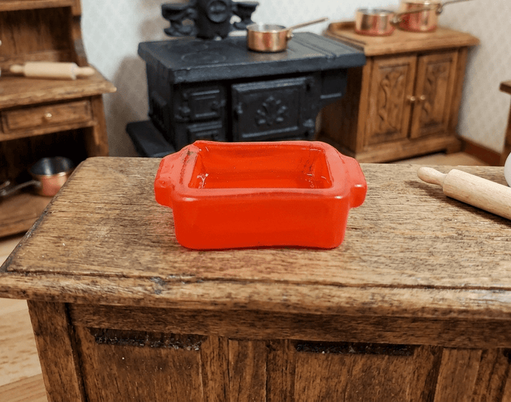 Dollhouse Orange Glass Casserole Dish with Handles 1:12 Scale Miniature Kitchen - MiniatureCrush