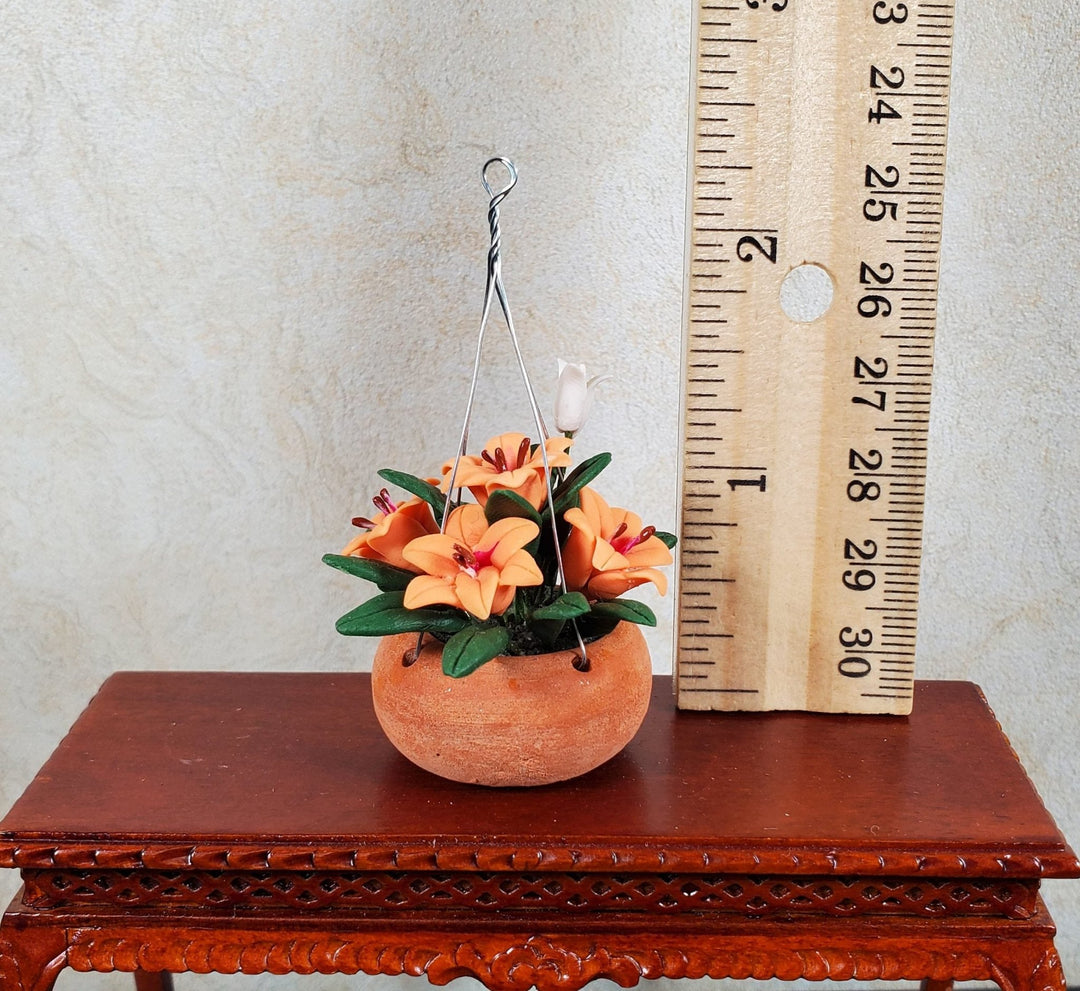Dollhouse Orange Lilies in a Hanging Terra Cotta Planter 1:12 Scale Miniature - MiniatureCrush