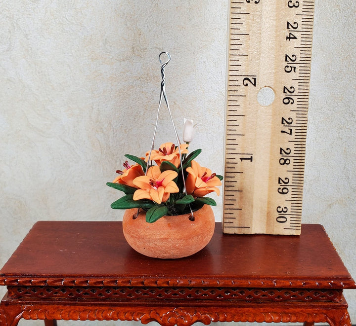 Dollhouse Orange Lilies in a Hanging Terra Cotta Planter 1:12 Scale Miniature - MiniatureCrush