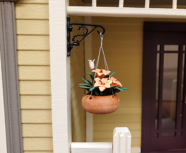 Dollhouse Orange Lilies in a Hanging Terra Cotta Planter 1:12 Scale Miniature - MiniatureCrush