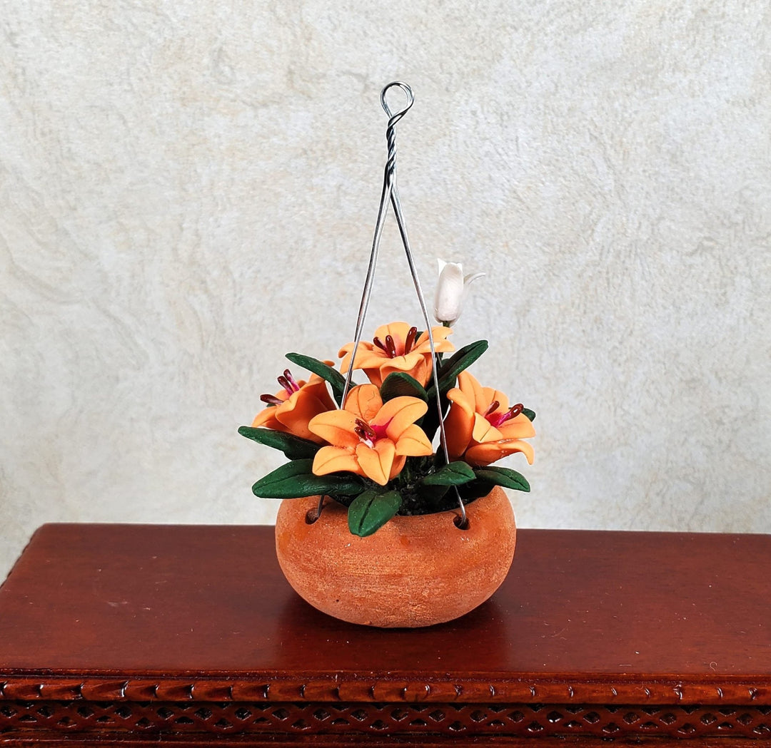 Dollhouse Orange Lilies in a Hanging Terra Cotta Planter 1:12 Scale Miniature - MiniatureCrush