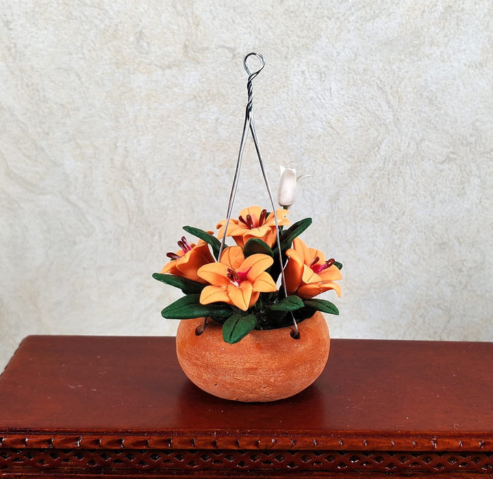 Dollhouse Orange Lilies in a Hanging Terra Cotta Planter 1:12 Scale Miniature - MiniatureCrush