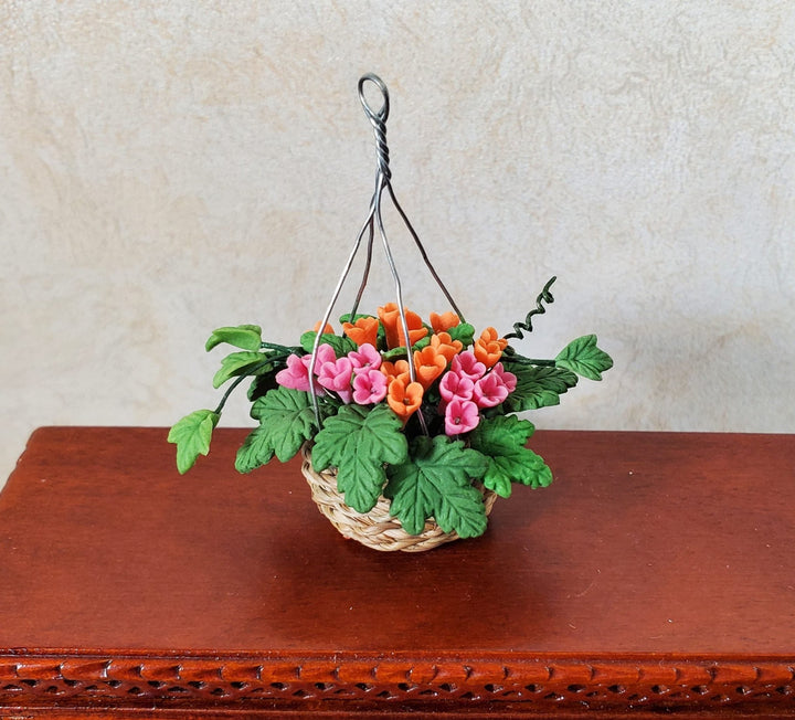 Dollhouse Orange & Pink Flowers in Hanging Basket 1:12 Scale Miniature Garden - MiniatureCrush
