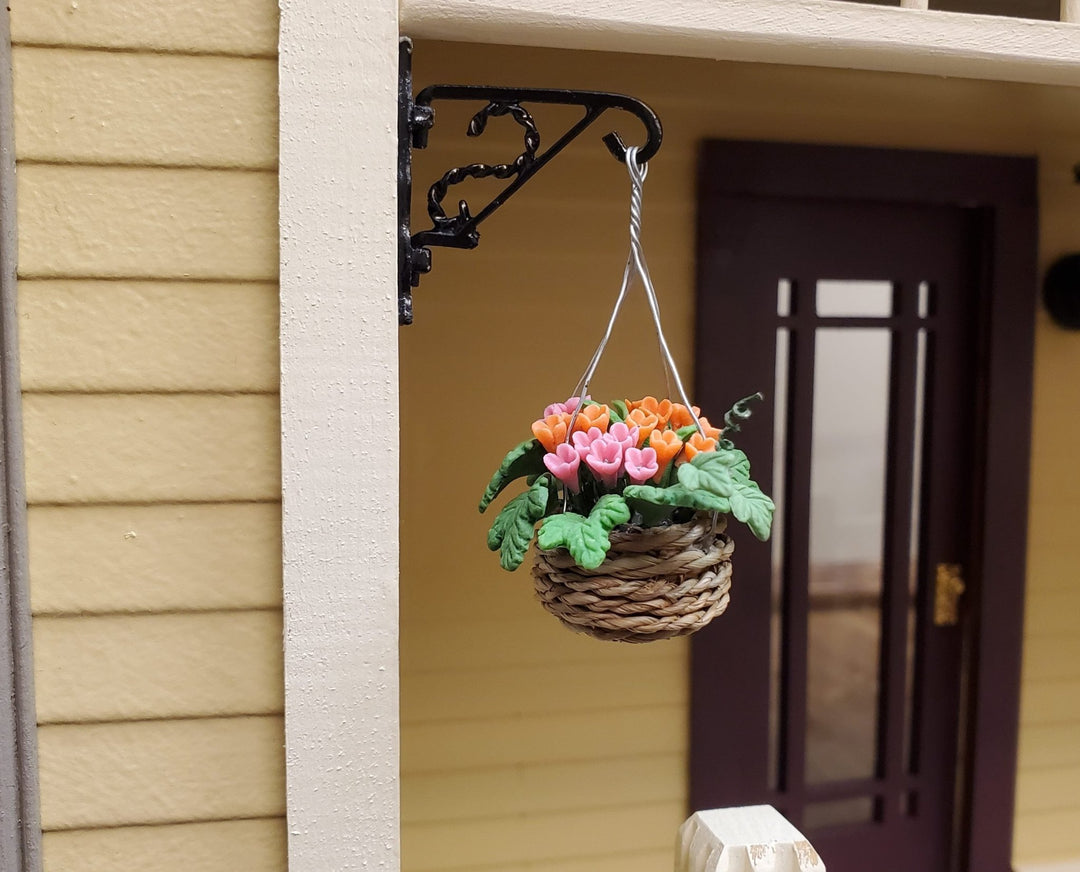 Dollhouse Orange & Pink Flowers in Hanging Basket 1:12 Scale Miniature Garden - MiniatureCrush
