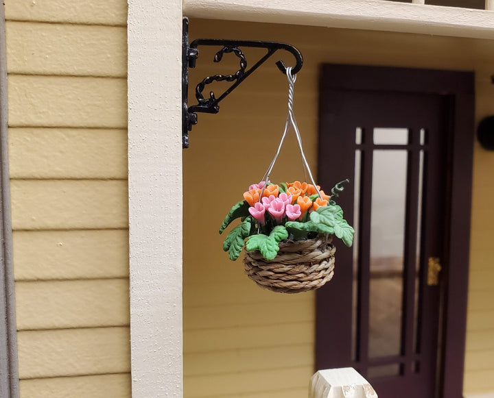Dollhouse Orange & Pink Flowers in Hanging Basket 1:12 Scale Miniature Garden - MiniatureCrush