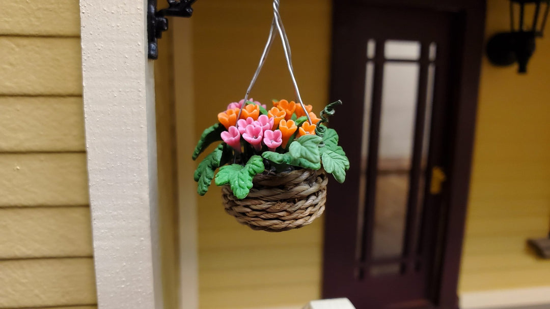 Dollhouse Orange & Pink Flowers in Hanging Basket 1:12 Scale Miniature Garden - MiniatureCrush