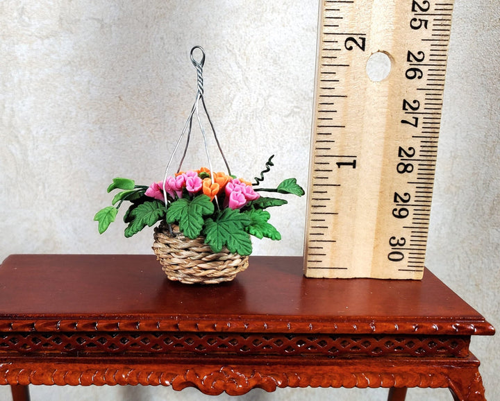 Dollhouse Orange & Pink Flowers in Hanging Basket 1:12 Scale Miniature Garden - MiniatureCrush