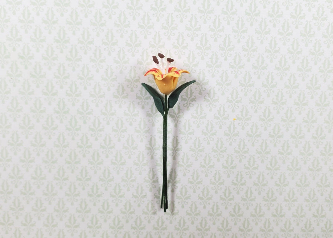 Dollhouse Orange & Red Tiger Lily Single Stem with Foliage 1:12 Scale Miniature - MiniatureCrush
