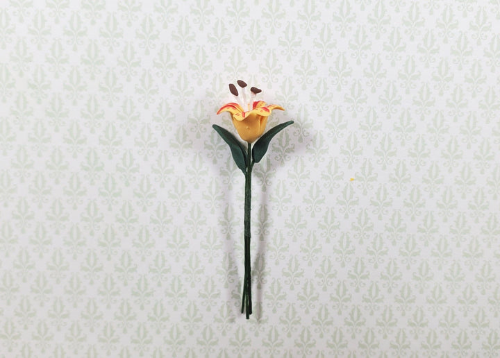 Dollhouse Orange & Red Tiger Lily Single Stem with Foliage 1:12 Scale Miniature - MiniatureCrush