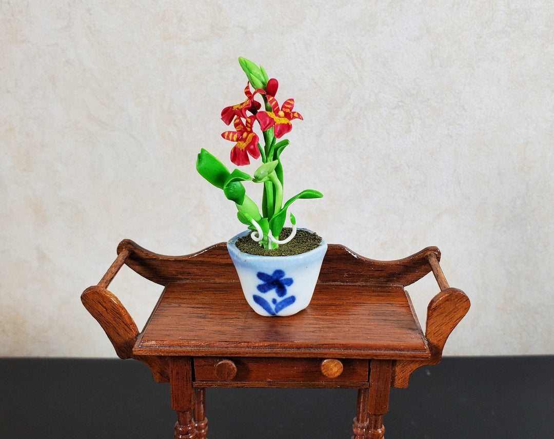 Dollhouse Orchid Flowers Plant in Ceramic Planter Red 1:12 Scale Miniature - MiniatureCrush