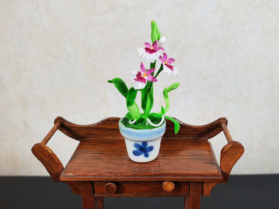 Dollhouse Orchid Pink White Flowering Plant in Ceramic Pot 1:12 Scale Miniature - MiniatureCrush