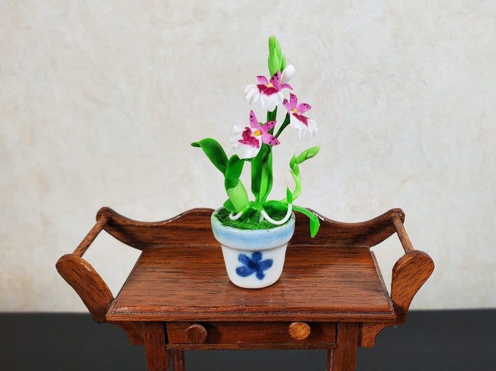 Dollhouse Orchid Pink White Flowering Plant in Ceramic Pot 1:12 Scale Miniature - MiniatureCrush