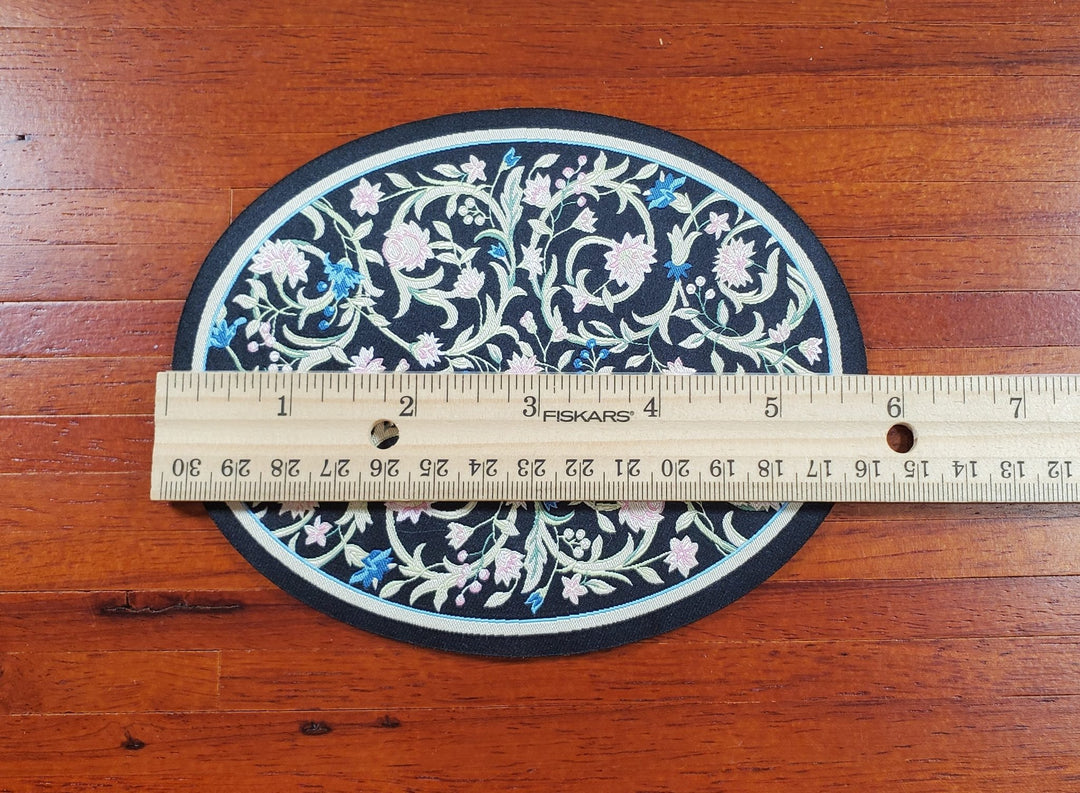 Dollhouse Oval Rug Fabric Black Pink and Blue Floral 1:12 Scale Miniature - MiniatureCrush