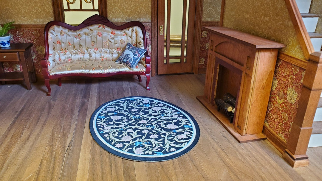 Dollhouse Oval Rug Fabric Black Pink and Blue Floral 1:12 Scale Miniature - MiniatureCrush