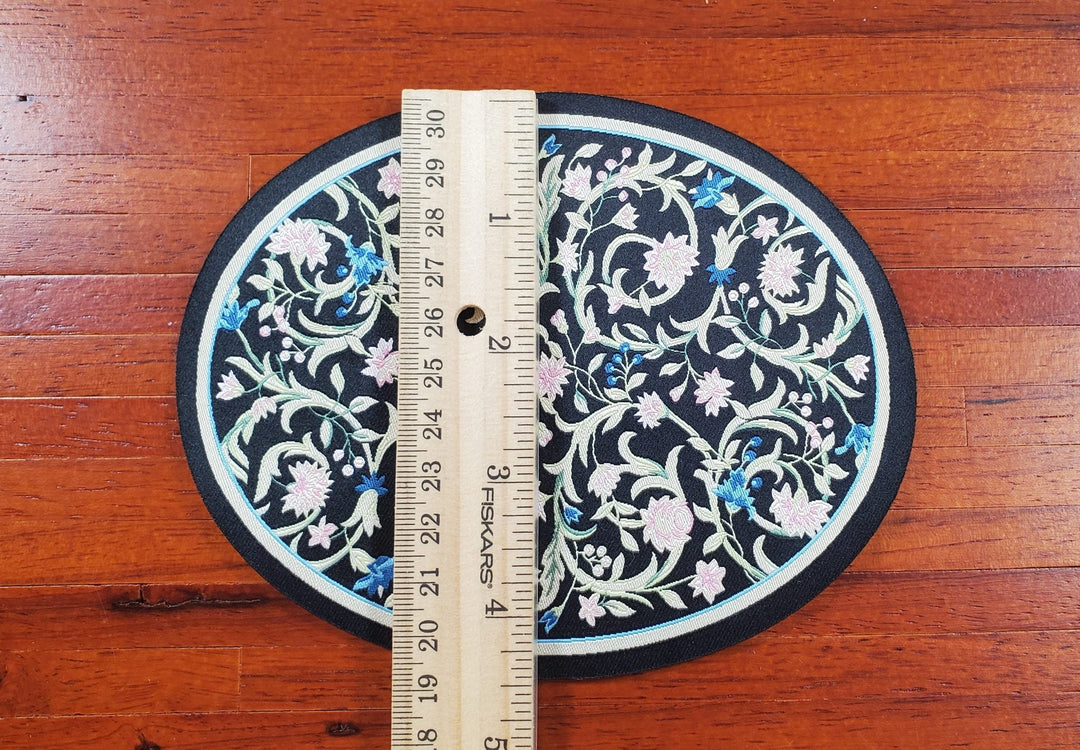 Dollhouse Oval Rug Fabric Black Pink and Blue Floral 1:12 Scale Miniature - MiniatureCrush