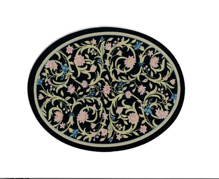 Dollhouse Oval Rug Fabric Black Pink and Blue Floral 1:12 Scale Miniature - MiniatureCrush