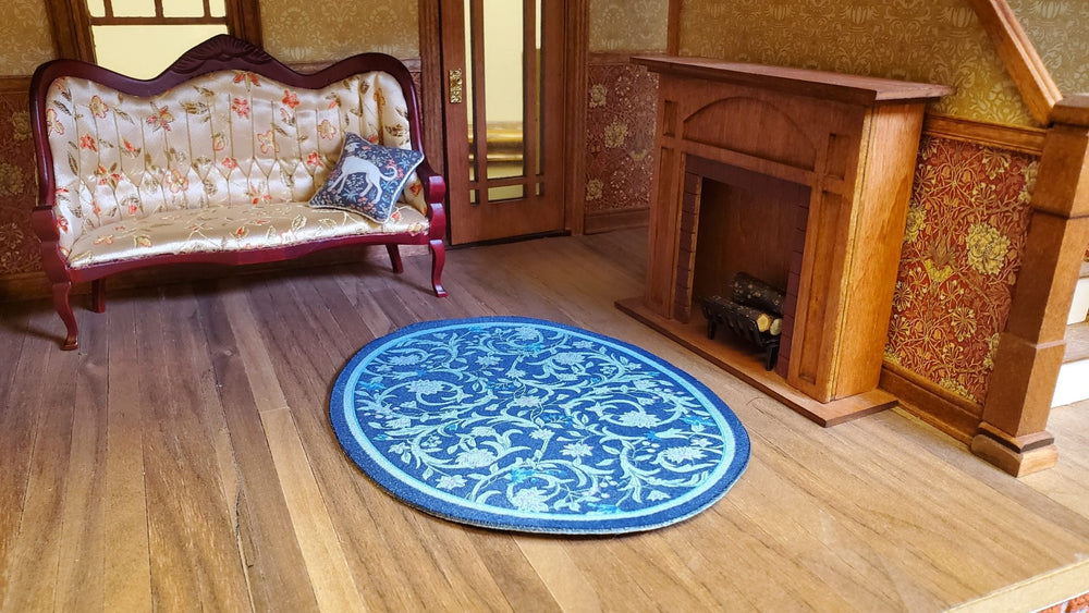 Dollhouse Oval Rug Fabric Blue Floral 1:12 Scale Miniature Carpet - MiniatureCrush
