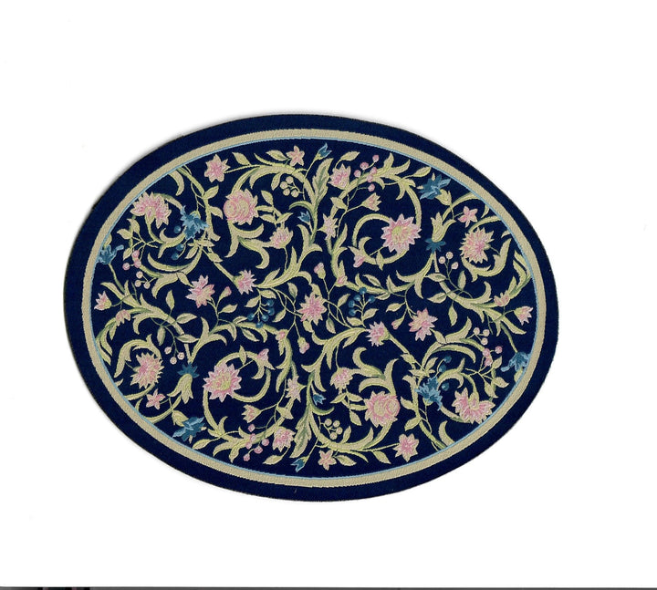 Dollhouse Oval Rug Fabric Navy Blue Pink Floral 1:12 Scale Miniature - MiniatureCrush