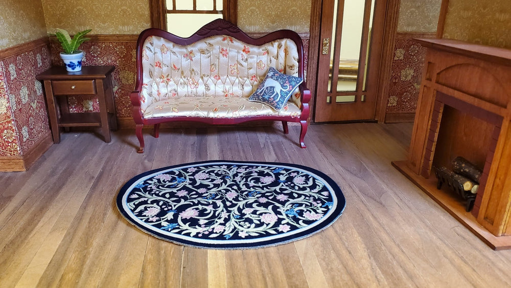 Dollhouse Oval Rug Fabric Navy Blue Pink Floral 1:12 Scale Miniature - MiniatureCrush