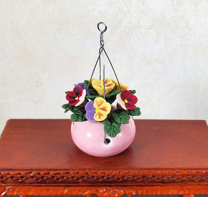 Dollhouse Pansies in a Hanging Pink Planter 1:12 Scale Miniature Garden - MiniatureCrush