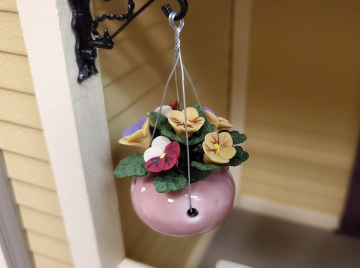 Dollhouse Pansies in a Hanging Pink Planter 1:12 Scale Miniature Garden - MiniatureCrush