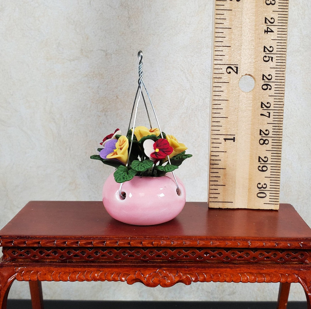 Dollhouse Pansies in a Hanging Pink Planter 1:12 Scale Miniature Garden - MiniatureCrush
