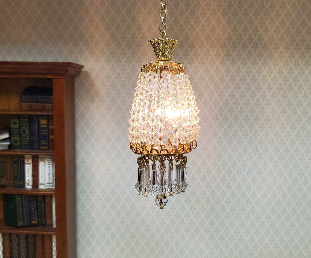 Dollhouse Parlor Chandelier II Light Real Glass Crystals 12 Volt 1:12 Scale - MiniatureCrush
