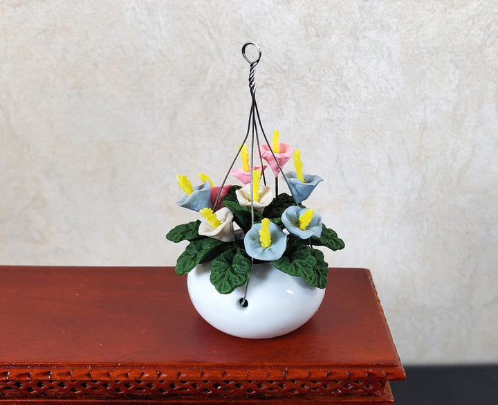 Dollhouse Pastel Flowers in a Hanging White Planter 1:12 Scale Miniature Garden - MiniatureCrush