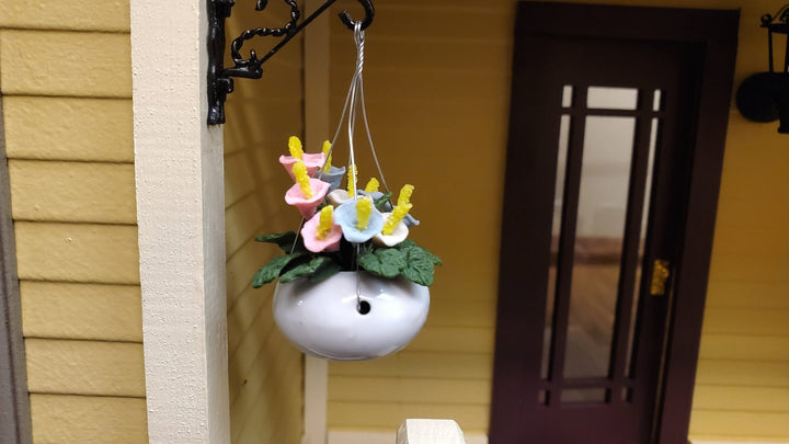 Dollhouse Pastel Flowers in a Hanging White Planter 1:12 Scale Miniature Garden - MiniatureCrush