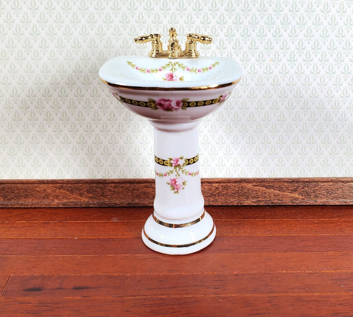 Dollhouse Pedestal Sink Bathroom Victorian Rose Reutter Porcelain 1:12 Scale - Miniature Crush