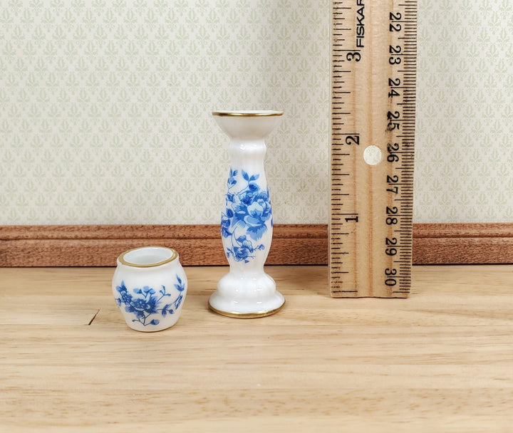 Dollhouse Pedestal with Vase Jardiniere Ceramic Blue White 1:12 Scale Miniature - MiniatureCrush