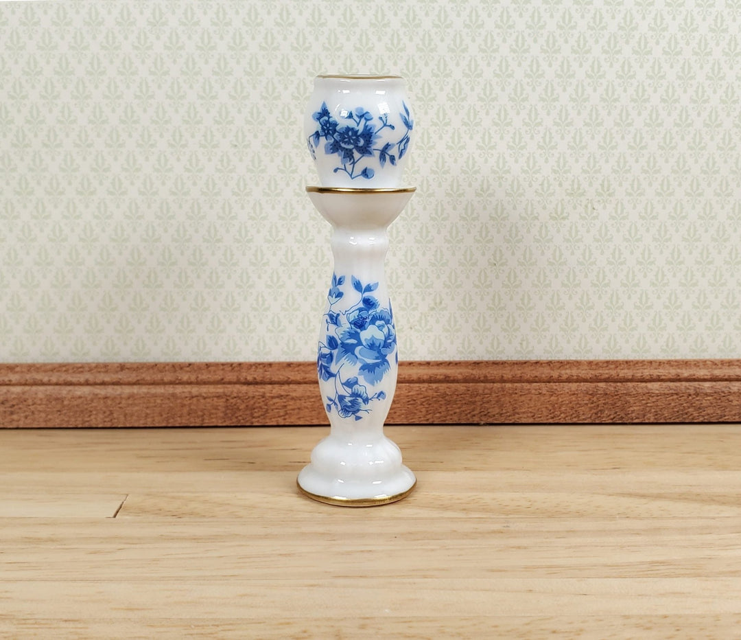 Dollhouse Pedestal with Vase Jardiniere Ceramic Blue White 1:12 Scale Miniature - MiniatureCrush