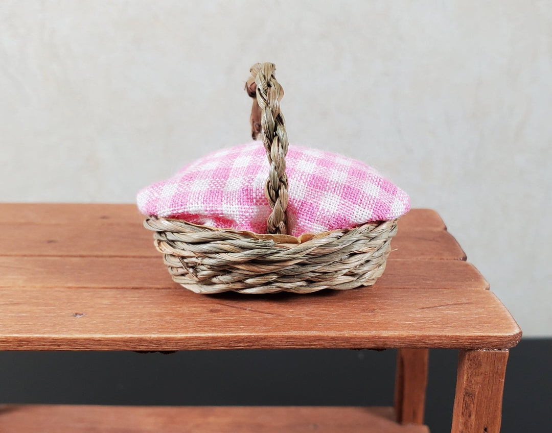 Dollhouse Picnic Basket with Pink & White Gingham Cover 1:12 Scale Miniature - MiniatureCrush