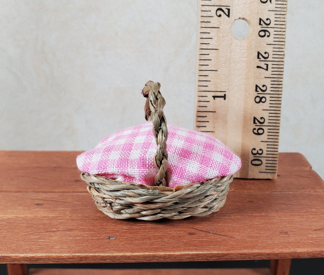 Dollhouse Picnic Basket with Pink & White Gingham Cover 1:12 Scale Miniature - MiniatureCrush