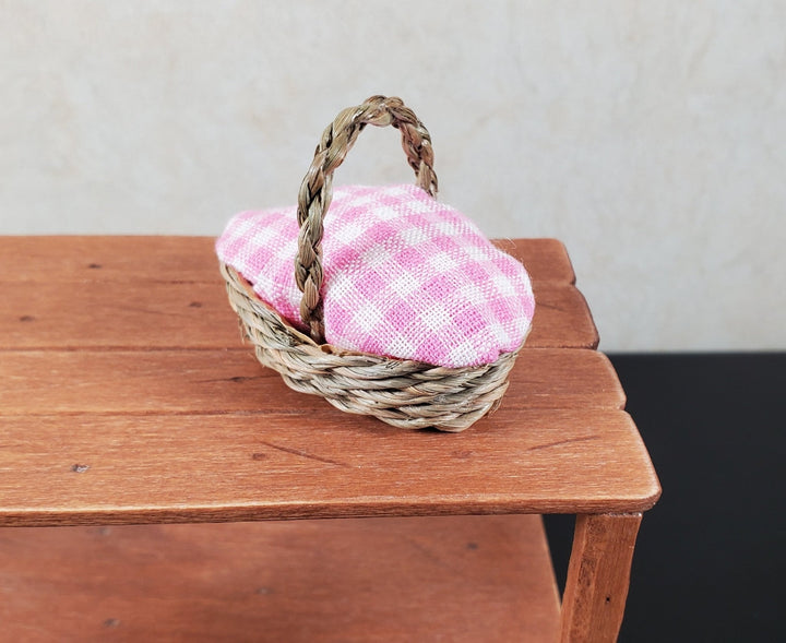 Dollhouse Picnic Basket with Pink & White Gingham Cover 1:12 Scale Miniature - MiniatureCrush