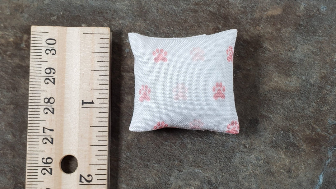 Dollhouse Pillow with Paw Prints White and Pink Handmade 1:12 Scale Miniature - Miniature Crush