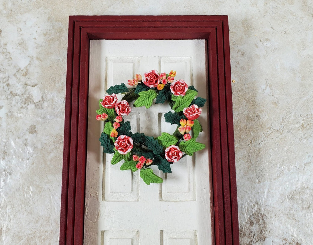 Dollhouse Pink and White Roses in a Floral Wreath 1:12 Scale Miniature - MiniatureCrush