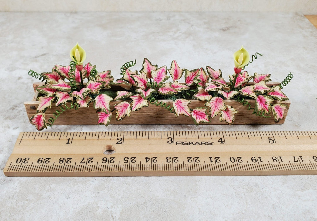 Dollhouse Pink Caladium in a 5.25" Window Box Planter 1:12 Scale Miniature - MiniatureCrush