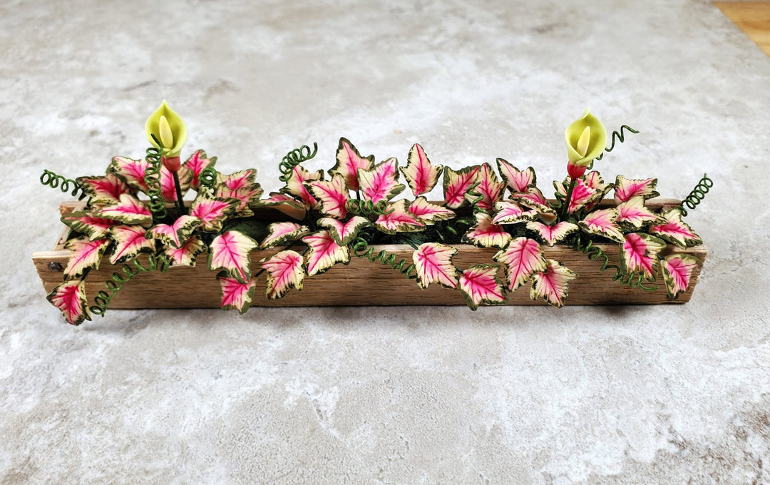 Dollhouse Pink Caladium in a 5.25" Window Box Planter 1:12 Scale Miniature - MiniatureCrush