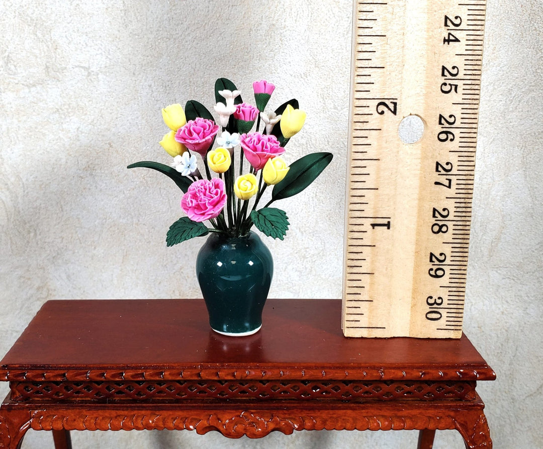 Dollhouse Pink Carnations Assortment in Ceramic Green Vase 1:12 Scale Miniature - MiniatureCrush
