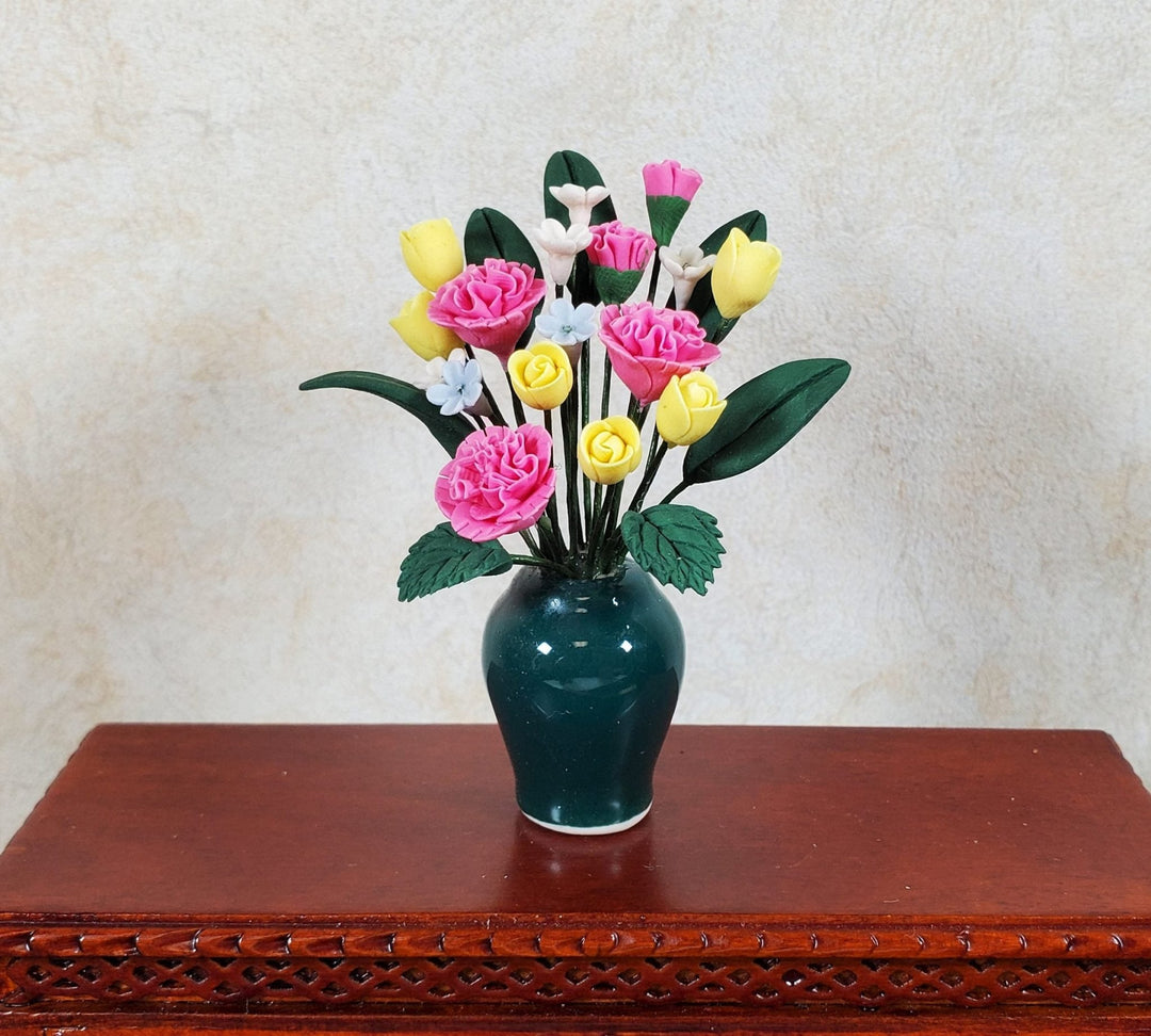 Dollhouse Pink Carnations Assortment in Ceramic Green Vase 1:12 Scale Miniature - MiniatureCrush