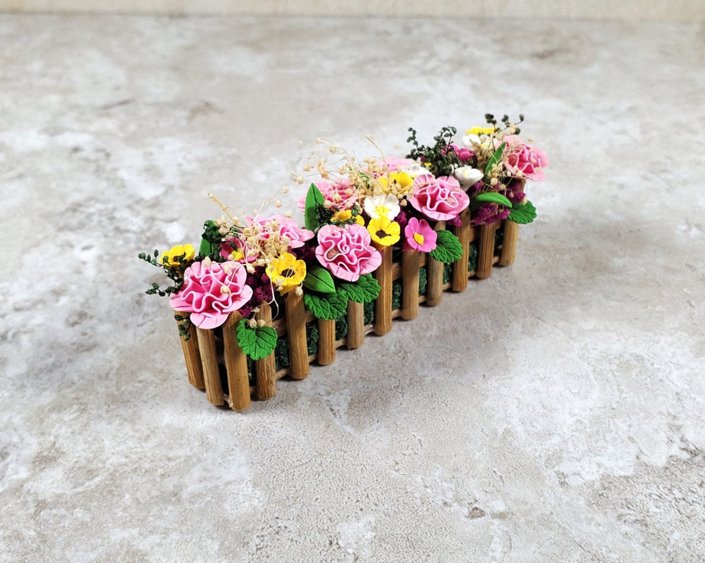 Dollhouse Pink Carnations in a 3.75" Wooden Picket Planter 1:12 Scale Miniature - MiniatureCrush