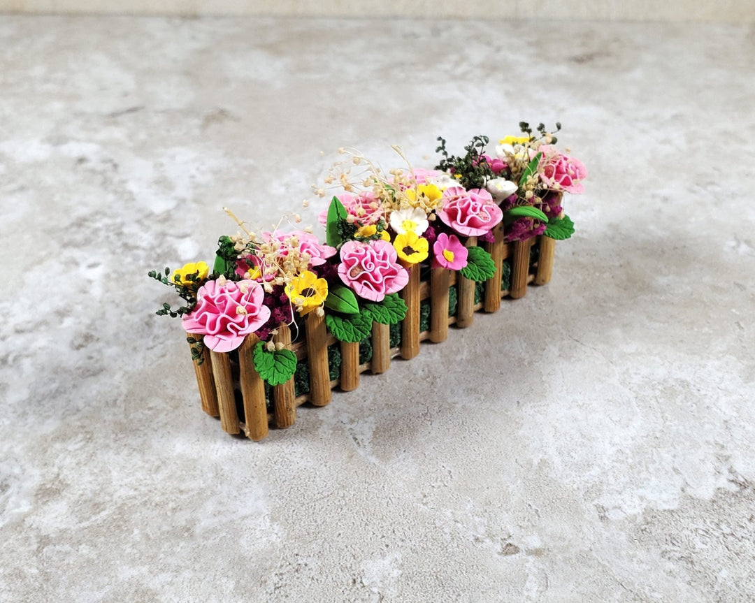 Dollhouse Pink Carnations in a 3.75" Wooden Picket Planter 1:12 Scale Miniature - MiniatureCrush