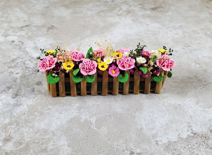 Dollhouse Pink Carnations in a 3.75" Wooden Picket Planter 1:12 Scale Miniature - MiniatureCrush