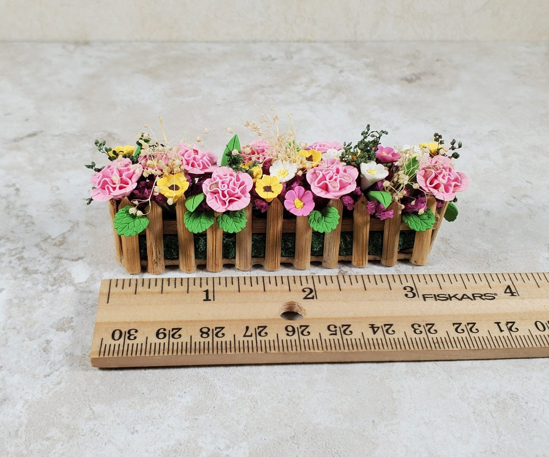 Dollhouse Pink Carnations in a 3.75" Wooden Picket Planter 1:12 Scale Miniature - MiniatureCrush